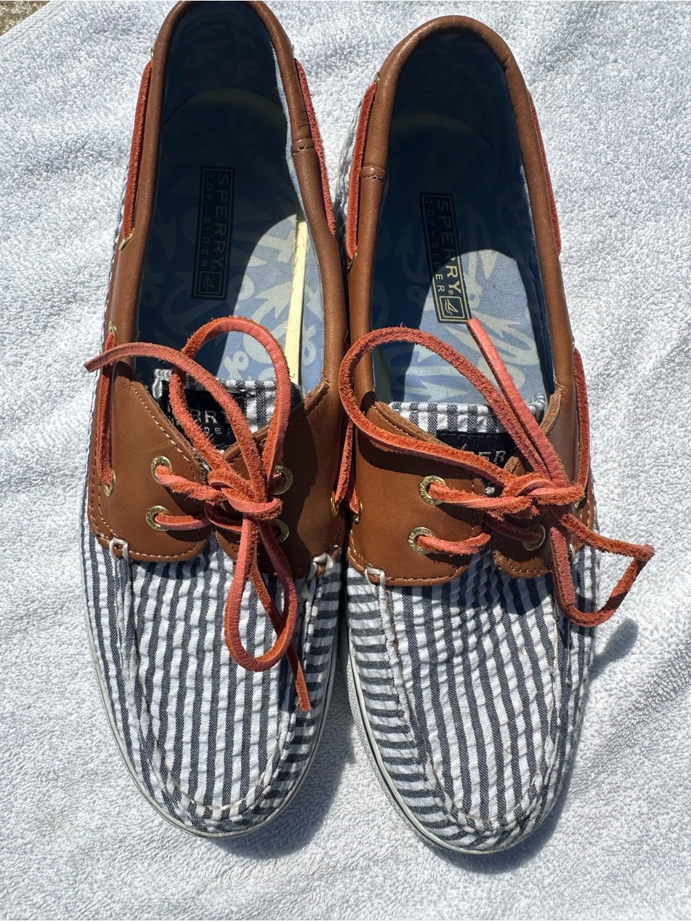 Sperry Brown Leather Navy-White Striped Canvas Boat Shoes with Rust Laces